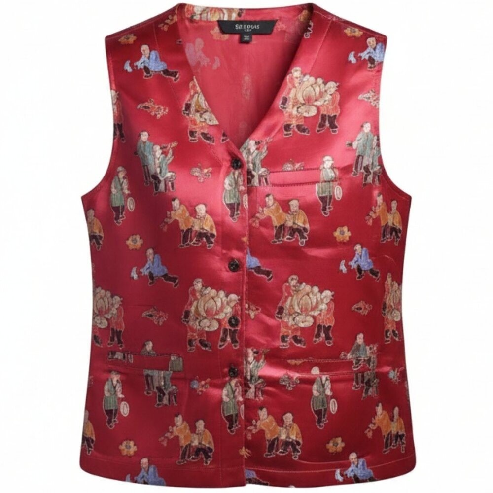 Chicos Design Vintage Red Satin Novelty Print Vest 3 Black Dragon XL‎ US